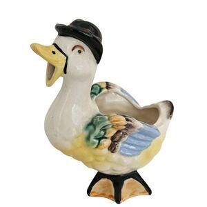 Vintage Ceramic Duck Planter Pot Figurine Hat Hand Painted Whimsical Farmhouse